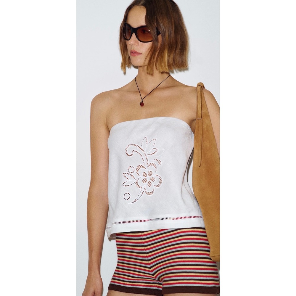 Reformation Spritz Linen Top White Floral Eyelet Strapless Tube Top Size XS NWOT